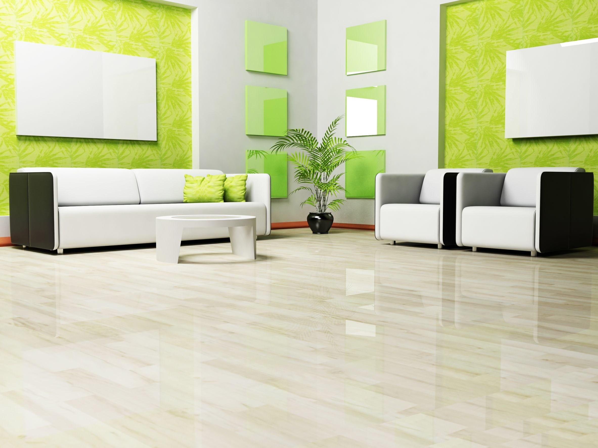 Moderne Couchgarnitur auf einem hochglänzenden Laminat-Fußboden